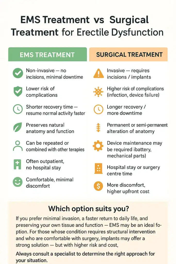 A table showing the benefits of EMS chair for erectile dysfunction treatment Swindon compared to surgery.